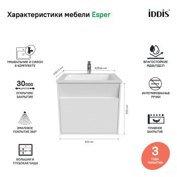 Тумба с умывальником подвесная с ящиком IDDIS Esper 60 см
