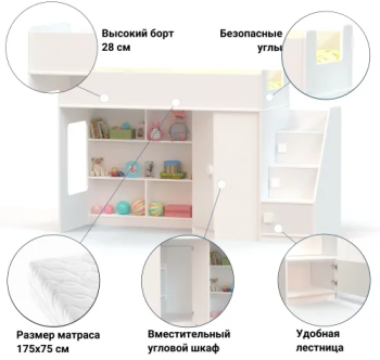 Кровать-чердак с угловым шкафом и угловой лестницей Ridgimmi 2.3