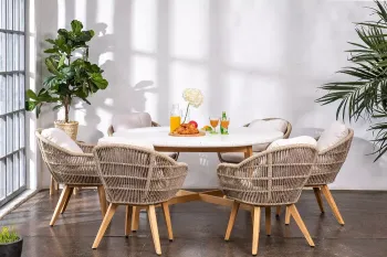 Обеденный стол из тика Joygarden TALARA 150 см круглый с керамической столешницей