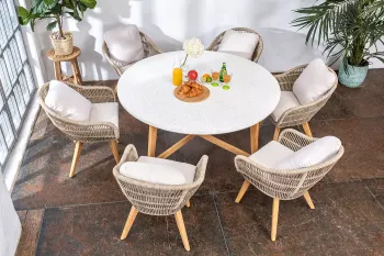 Обеденный стол из тика Joygarden TALARA 150 см круглый с керамической столешницей